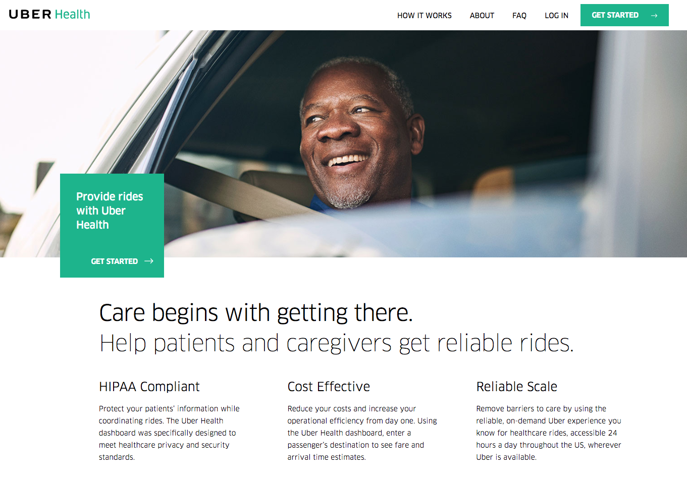 Shows the Uber Health homepage as an example for discussing the PMM vs. PM task breakdown
