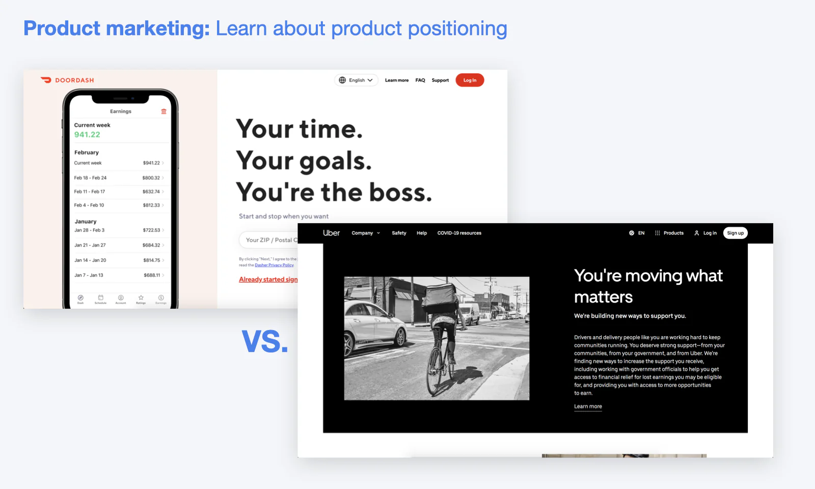 The image shows how two competitors, Uber Eats and DoorDash, position their marketplace offering to couriers (people who deliver the food) differently. This is one example of product positioning that is covered in the product marketing concepts in RocketBlocks.